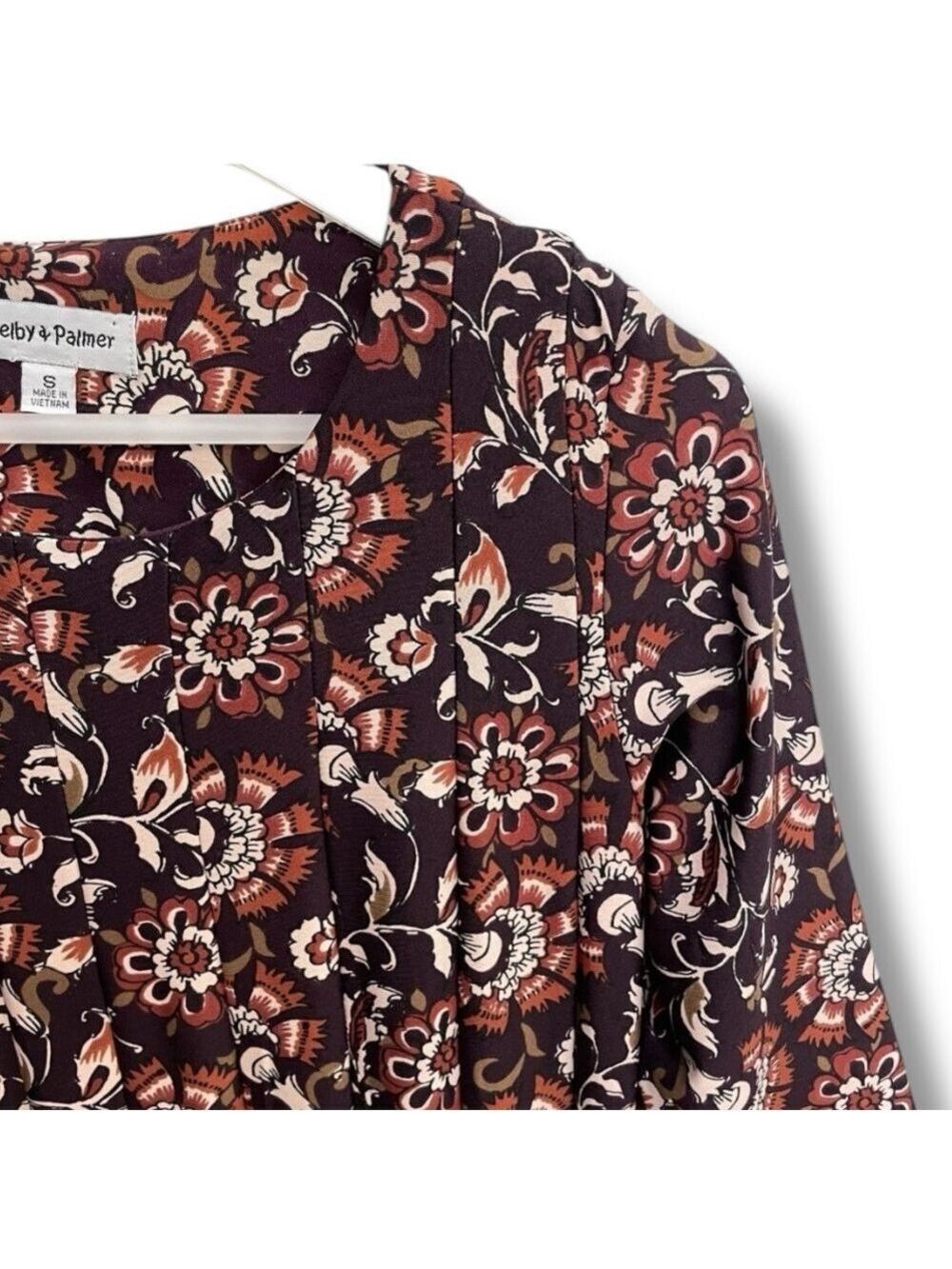 Shelby & Palmer Burgundy Floral Fit & Flare Midi Dress 3/4 Sleeve Women’s Small - Picture 6 of 9